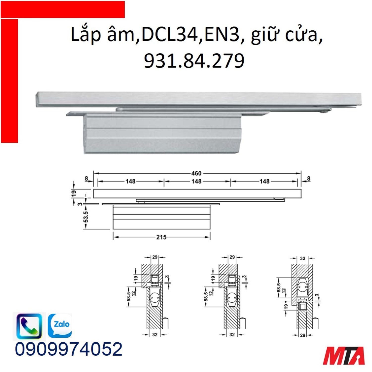 Tay co thủy lực hafele 931.84.279  giữ cửa lắp âm cửa nặng tối đa 60kg rộng max 950mm