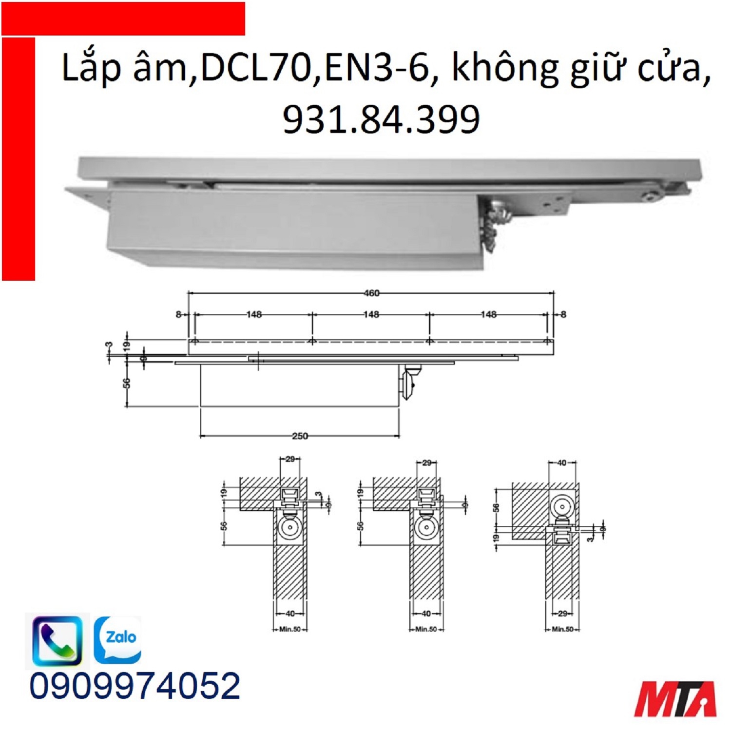 Tay co thủy lực hafele 931.84.399 không giữ cửa lắp âm cửa nặng tối đa 150kg rộng max 1400mm