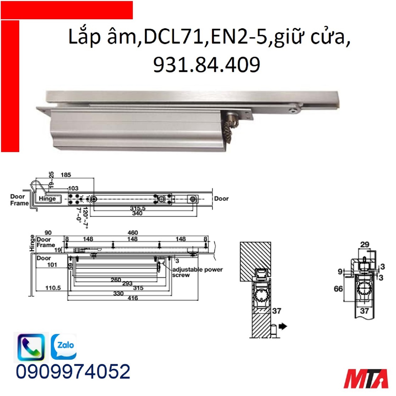 Cùi chỏ hơi hafele 931.84.409 DCL71 giữ cửa lắp âm cửa nặng tối đa 100kg rộng max 1250mm