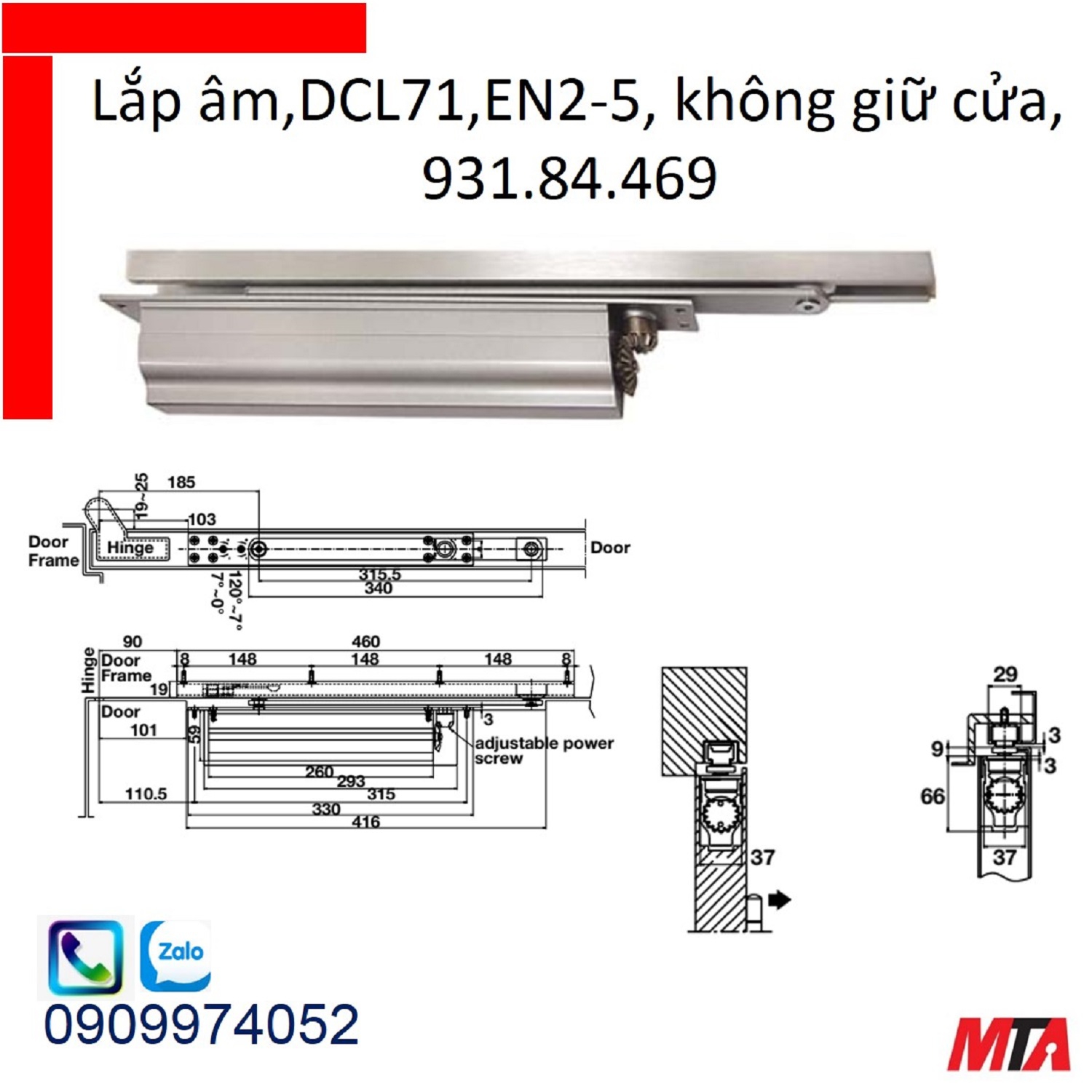 Tay co thủy lực hafele 931.84.469 không giữ cửa lắp âm cửa nặng tối đa 100kg rộng max 1250mm